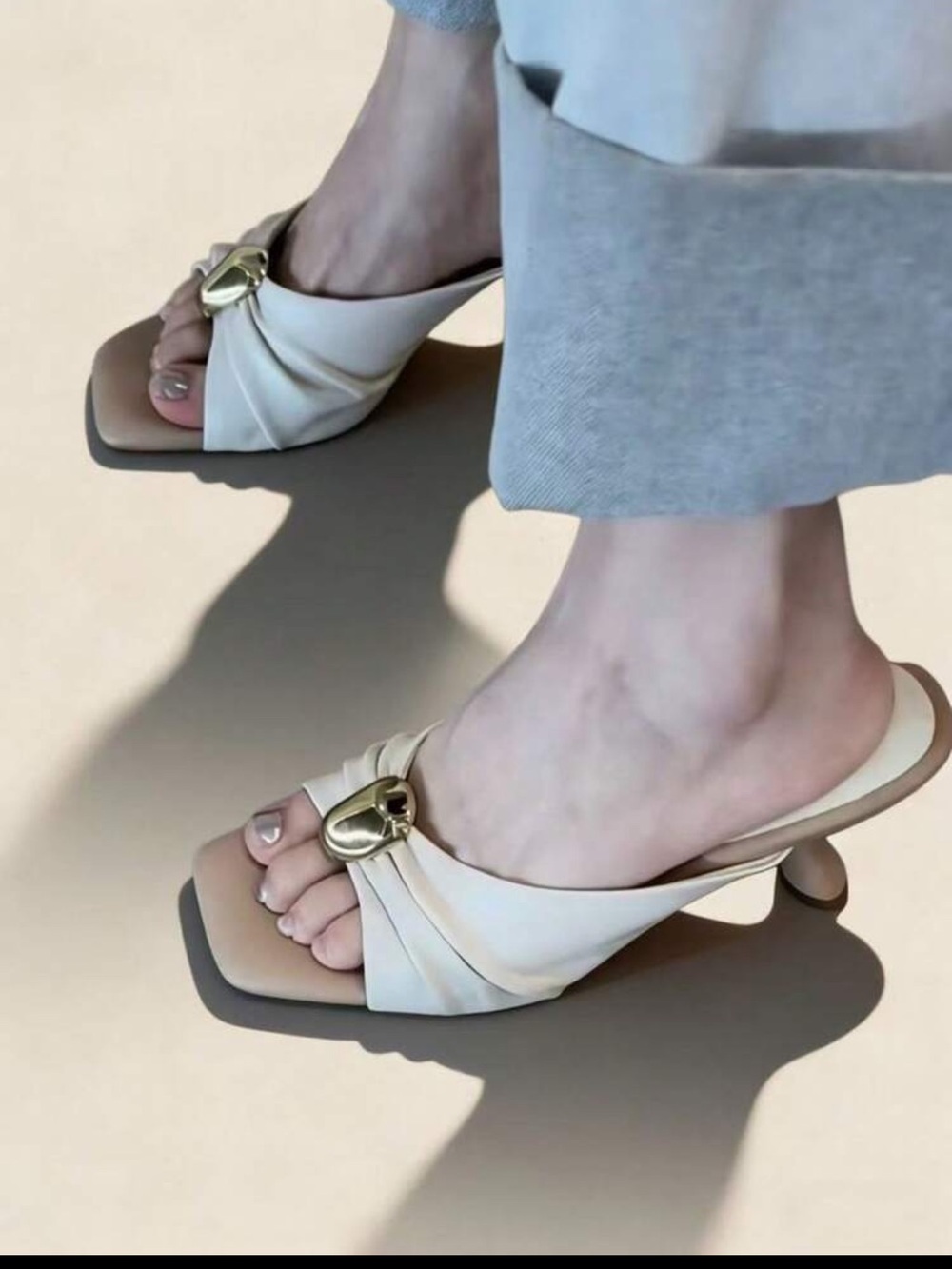 Women’s Cream Slide Sandals with Gold Accent